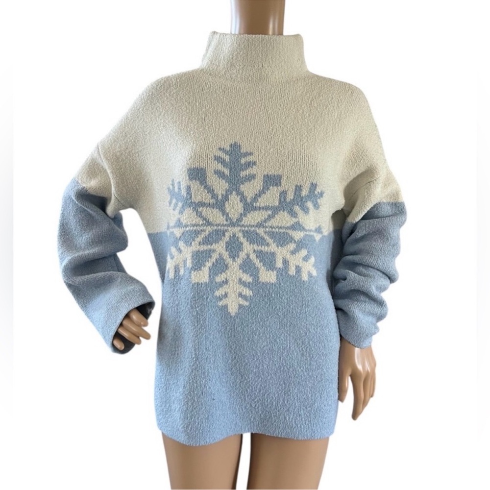 Christian Siriano Snow Pattern Sweater in Cream & Blue Winter Apres Ski L Large